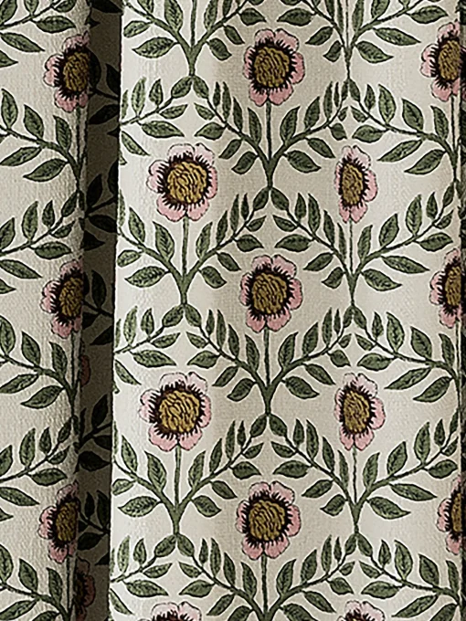 Floral Foulard Set of 2 Green & Cream Blackout Pencil Pleat Curtains